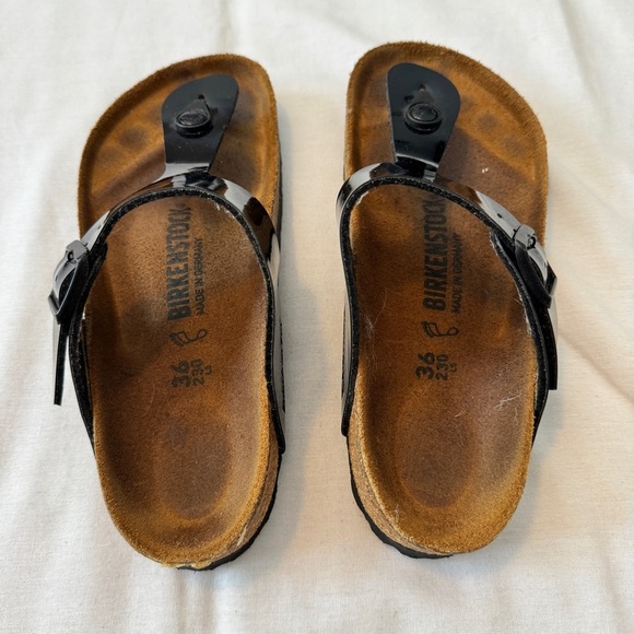 Birkenstock 5 Gizeh Birko Flor Black Patent Leather Thong Sandals Slides - Picture 6 of 9